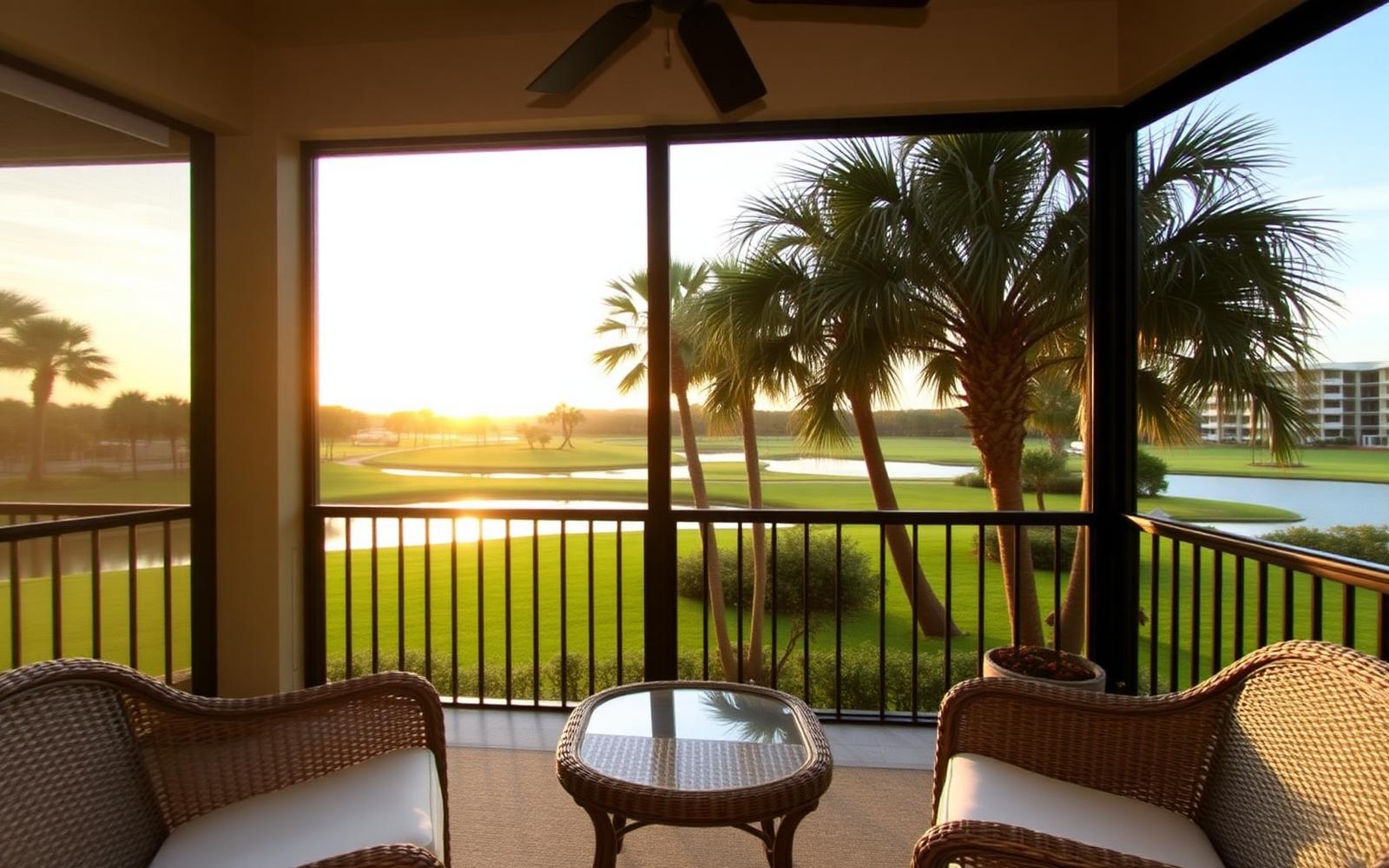 Screened lanai overlooking a golf course and lake at sunrise